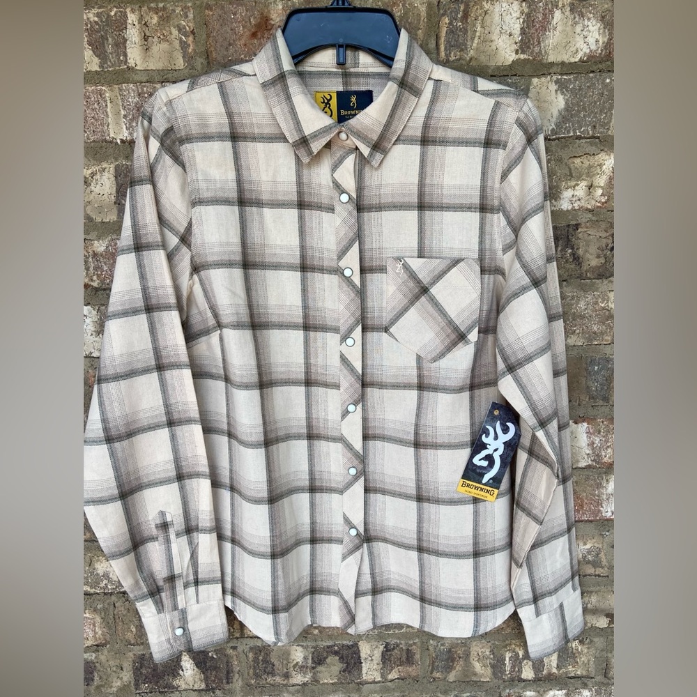 Browning Women’s Bleached Apricot Plaid Thin Flannel Size Large New With Tags